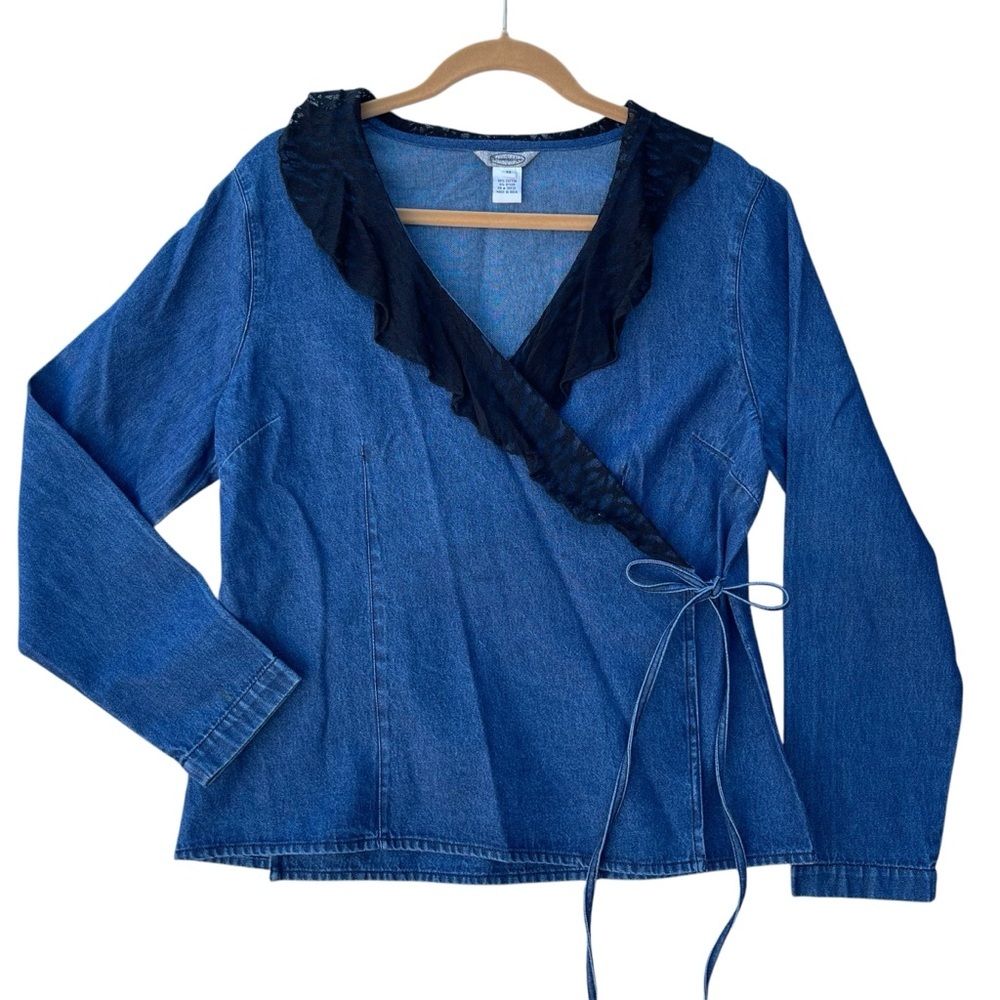 Stone Bridge Women's Blue Denim Ruffle Wrap Blouse Size 10 Long Sleeve